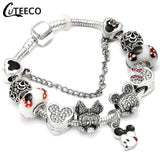 CUTEECO 925 Fashion Silver Charms Bracelet Bangle For Women Crystal Flower Beads Fit Pandora Bracelets Jewelry